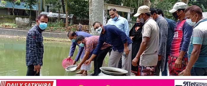 সাতক্ষীরা জেলা পরিষদ চত্বরের পুকুরে মৎস্য পোনা অবমুক্তকরণ